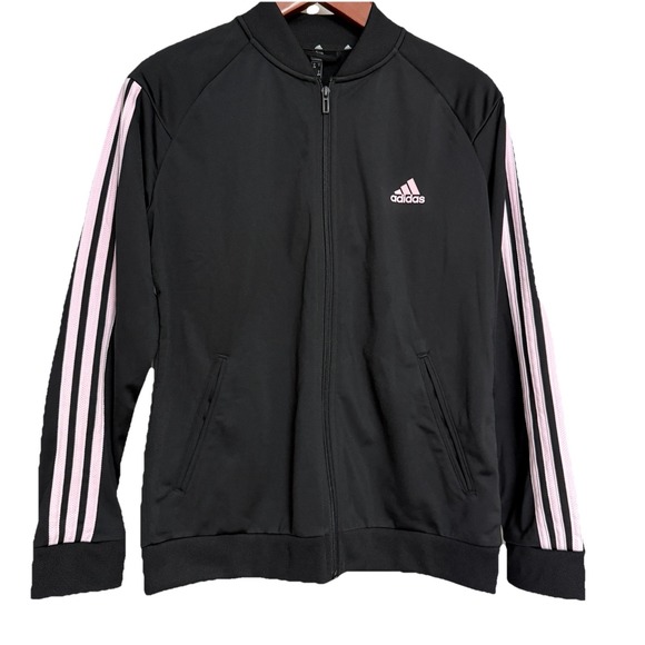 NWT Adidas Women's Track Jacket L Black Pink 3-Stripes Full Zip Logo Primegreen - Picture 1 of 11